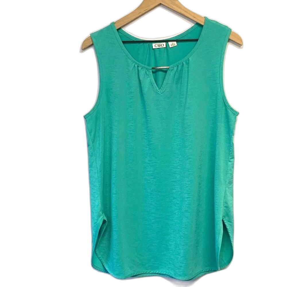Coastal Grandma Teal Sleeveless Blouse Large Soft Career Chic Top Minimalist